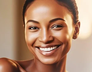 Femme heureuse avec une belle peau, acné, protéines, belle peau, vivand glow