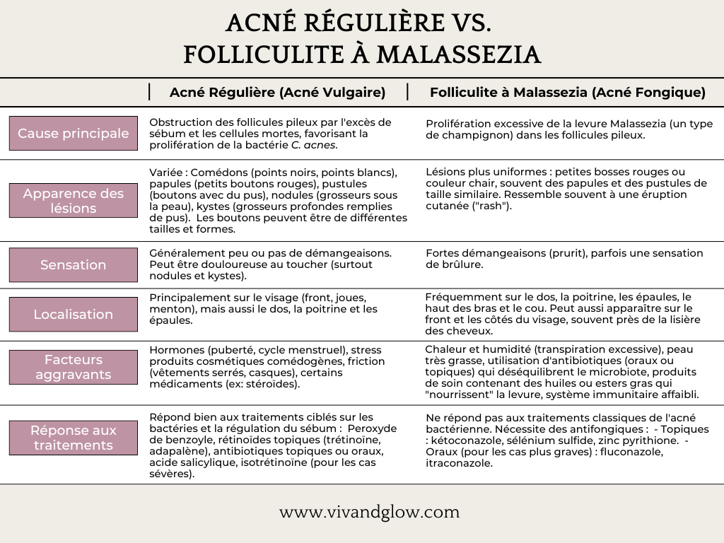 Acné vs Folliculite à malazessia, tableau comparatif, vivandglow